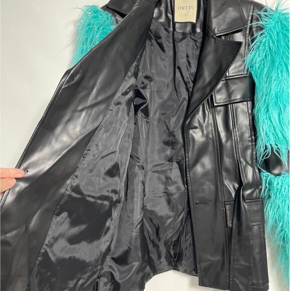 Orttu Freddie Jacket Military Style Faux Fur Black Vegan Faux Leather Aqua Belt - Picture 10 of 14